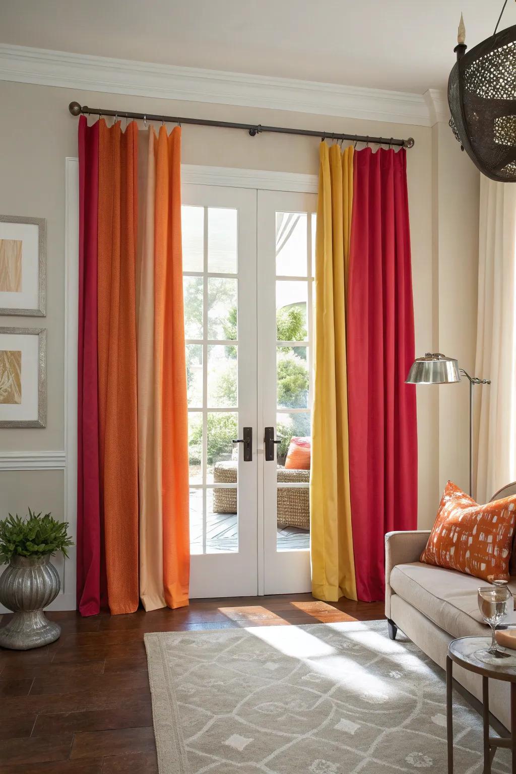 Create a focal point with bold-colored curtains.