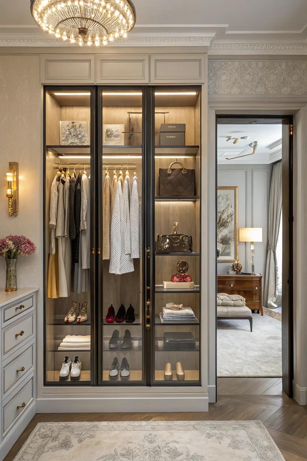 Glass doors add a display case effect to a double closet.