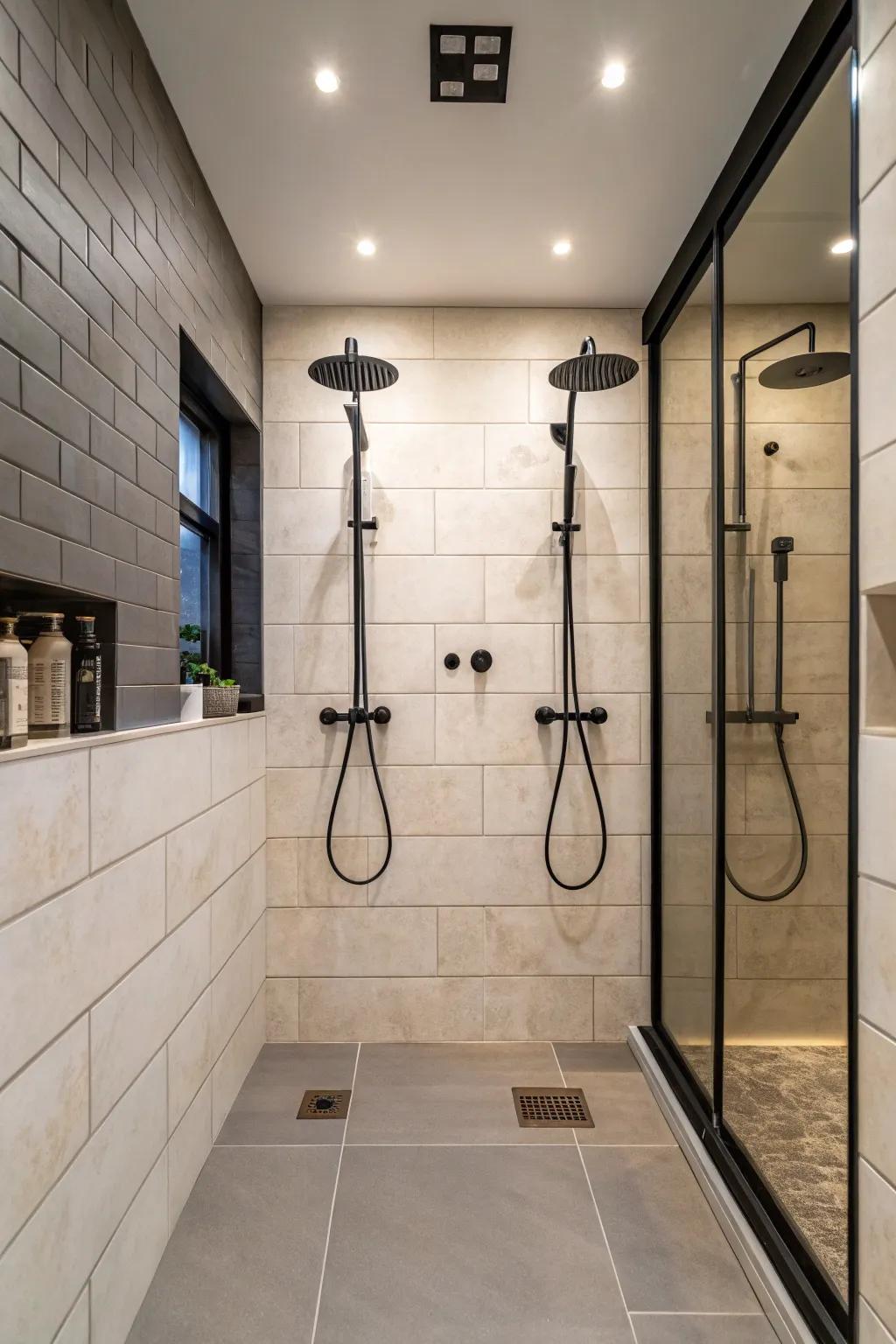 Make a bold statement with contrasting fixtures in your double shower.