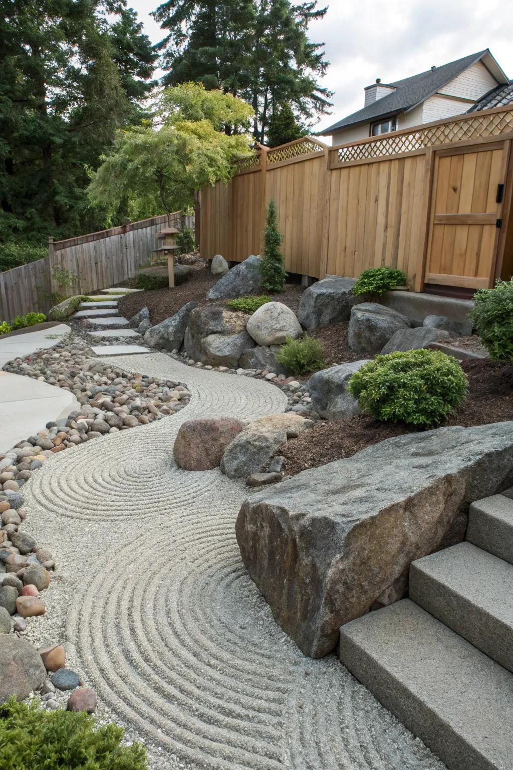 Zen rock gardens offer tranquility and elegance to sloped landscapes.