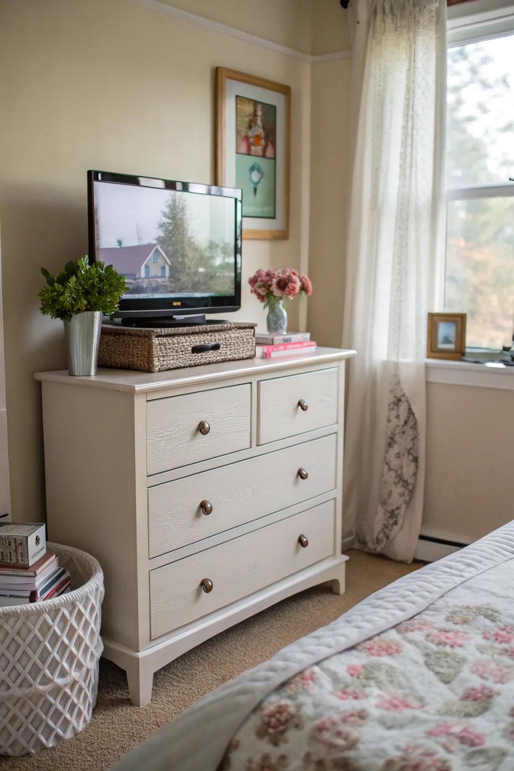 A dresser serving as a base for a TV, combining technology with style in a small bedroom.