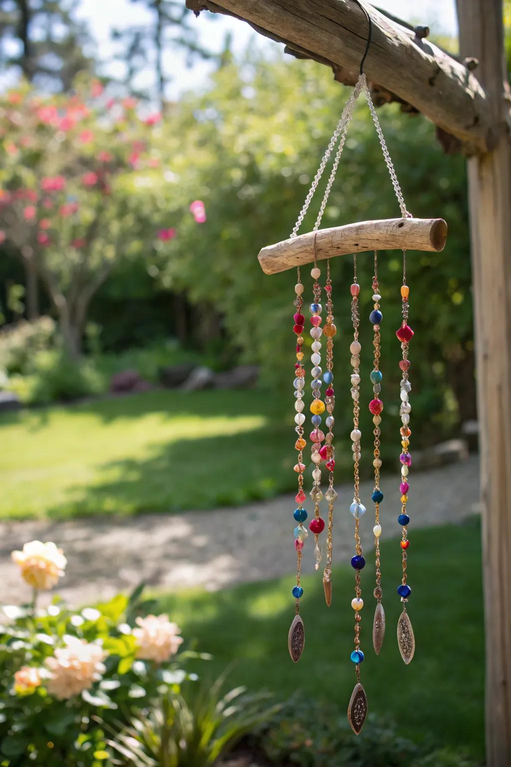 Driftwood wind chimes create both visual and auditory beauty.