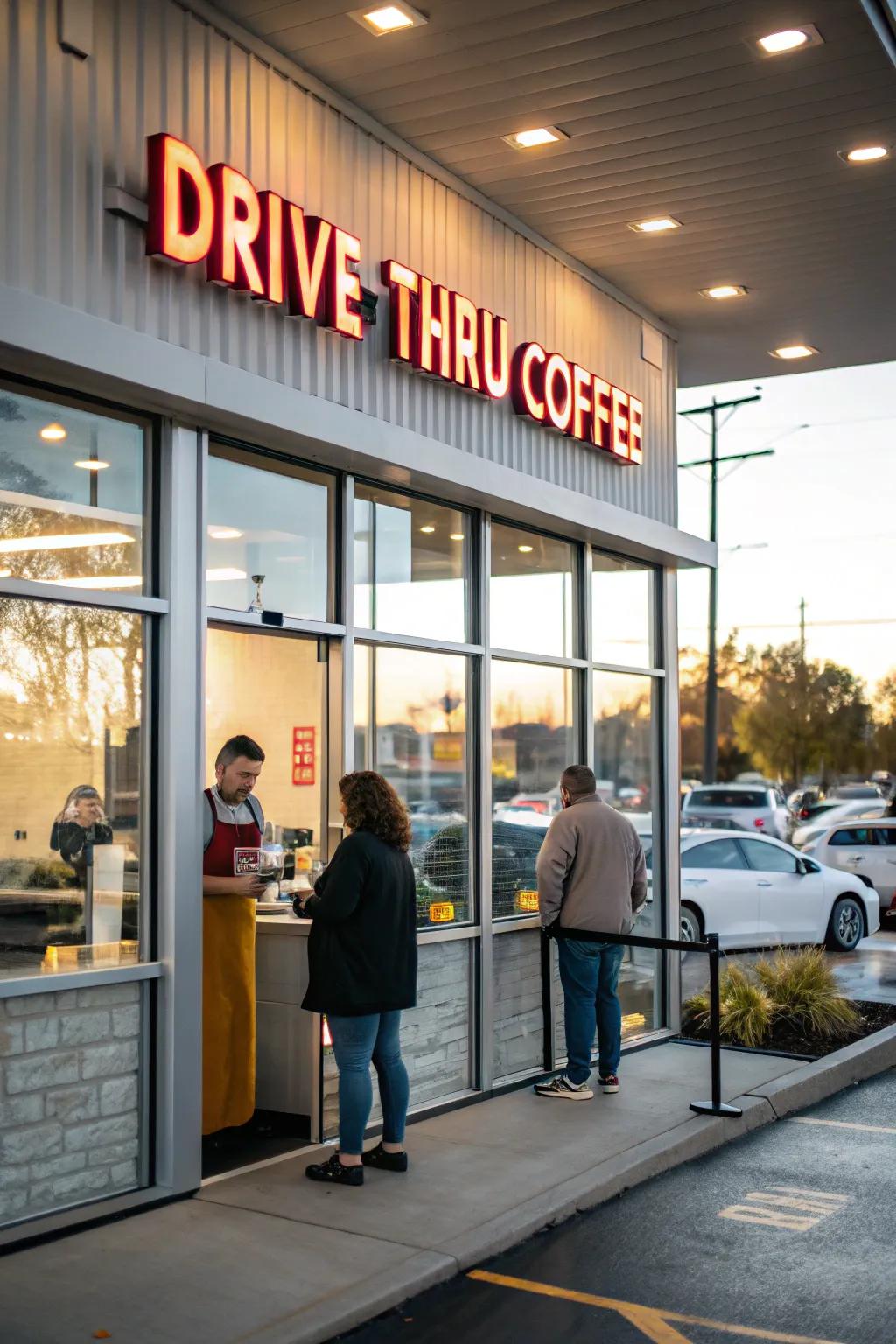 Drive-thru coffee shop with an inviting entrance that sets a welcoming tone.