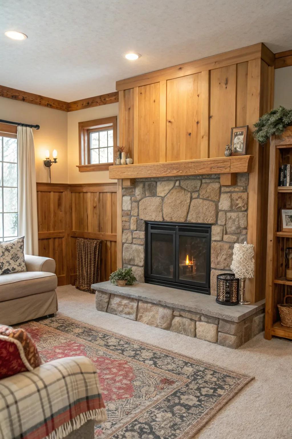 Board and batten add cottage charm to a drywall fireplace.