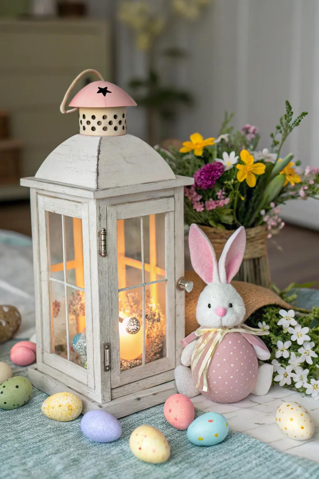 A peeking bunny adds a playful surprise to any lantern.