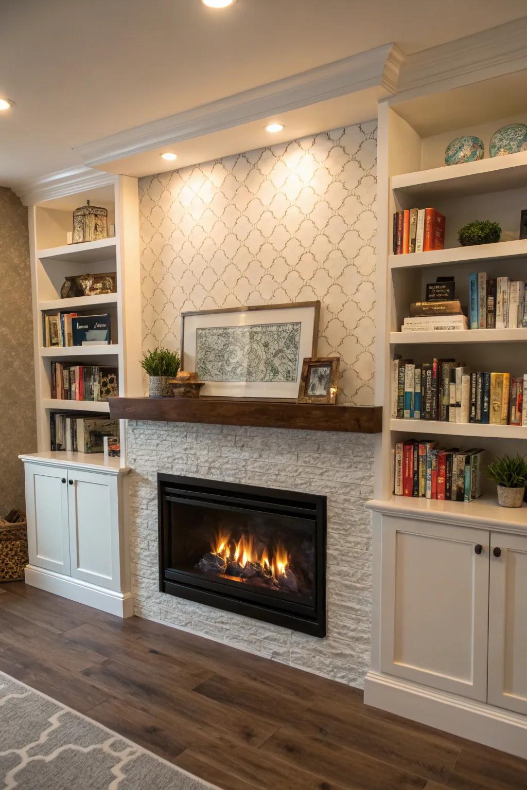 Floating shelves complement an electric fireplace with style and function.