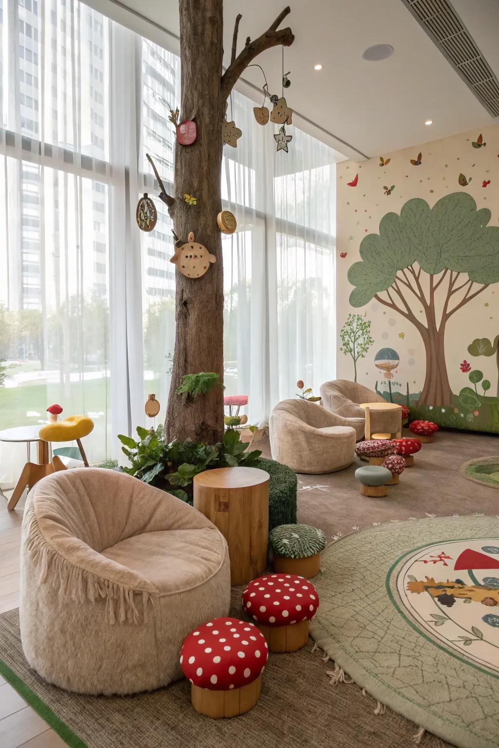 Whimsical seating areas for kids invite playful adventures.