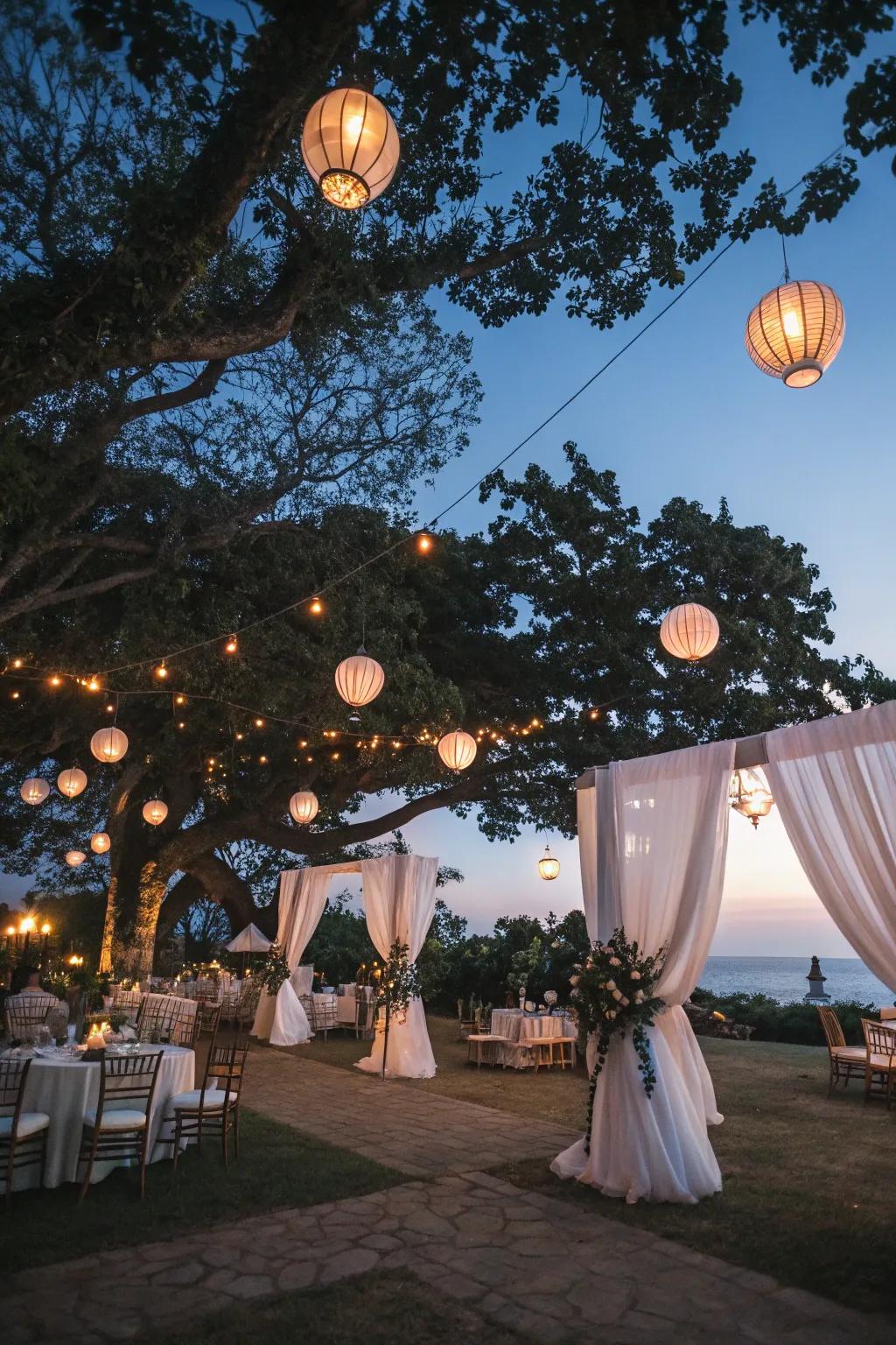 Hanging lanterns add a magical glow to the night.