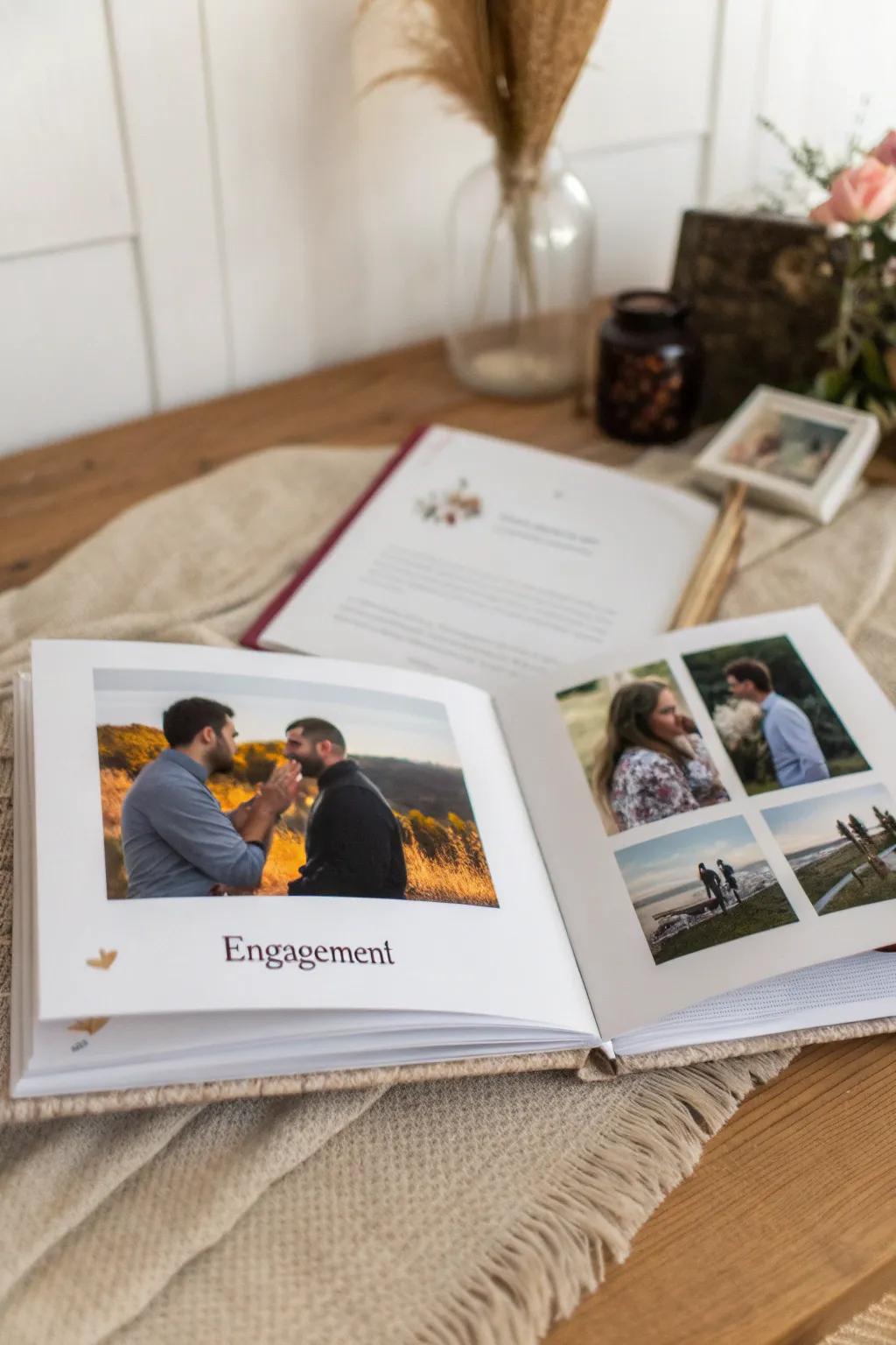 A timeline of love captured in an engagement photo book.