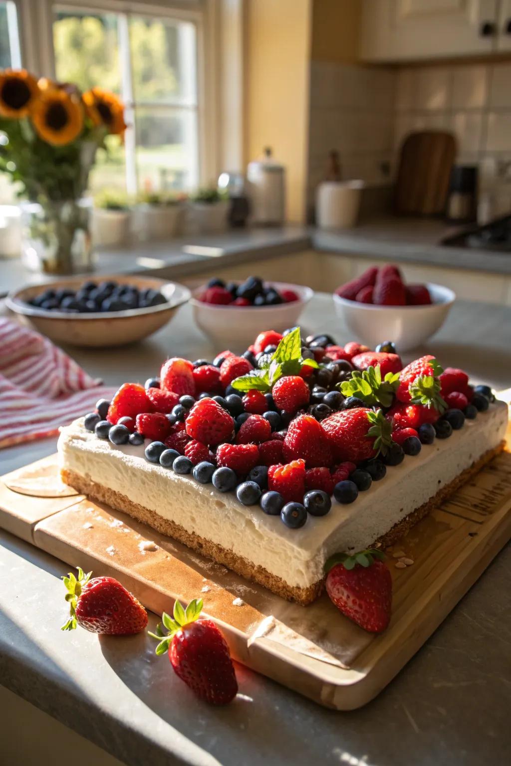 An engagement sheet cake adorned with fresh berries.