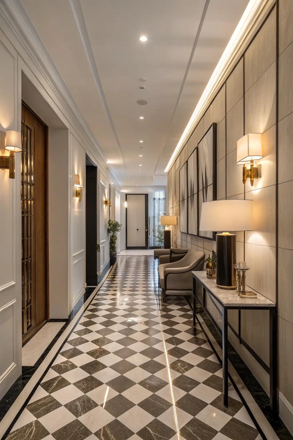 Patterned flooring adds visual intrigue to this entry hallway.