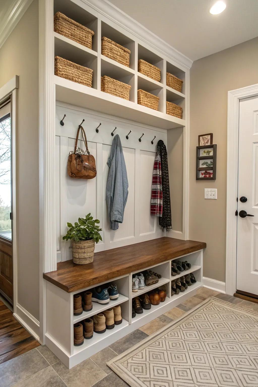 A bench with built-in cubbies keeps shoes and accessories neatly organized.