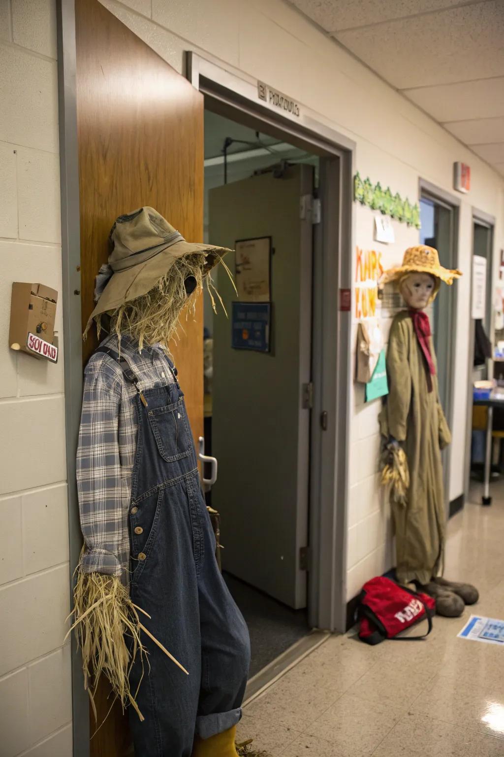 Scarecrow door decor with rustic charm.