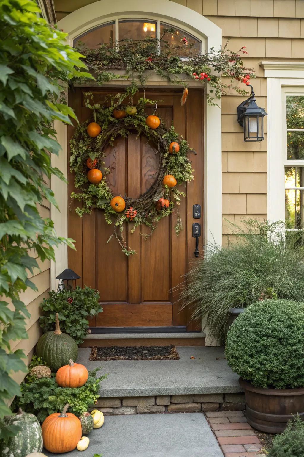 Gourds and grapevines create a warm, textured wreath.