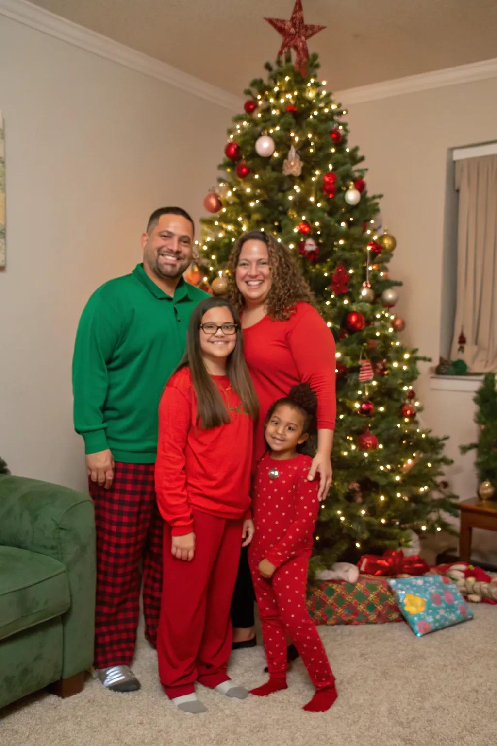 Embrace the classic Christmas colors with a family dressed in red and green.