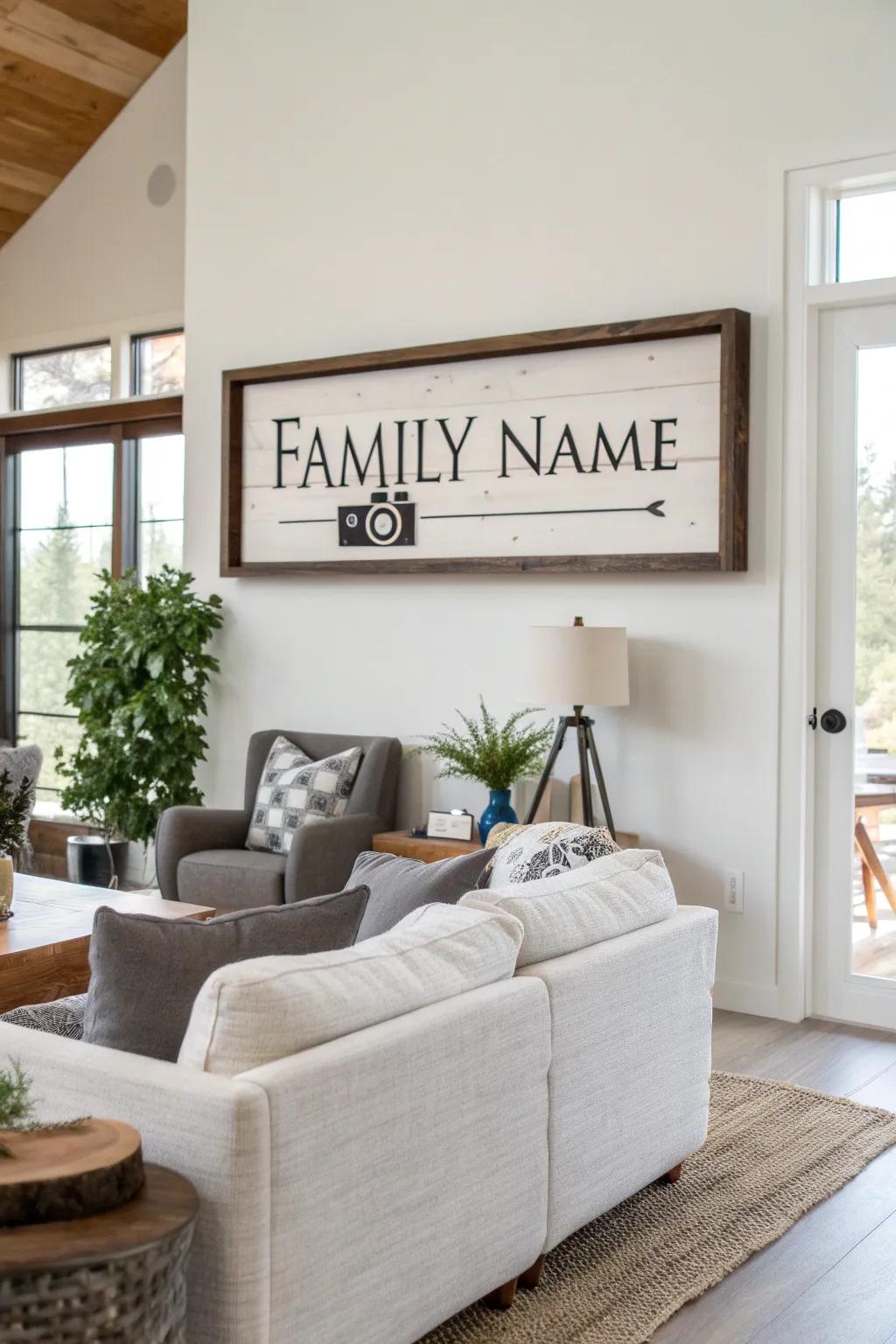 A family name sign with decorative graphics in a contemporary setting.