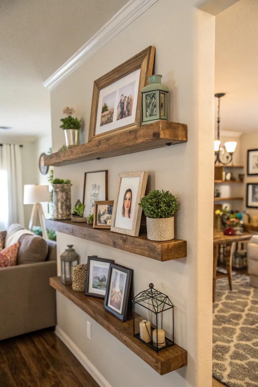 Floating shelves offering a versatile display for family photos and decor.