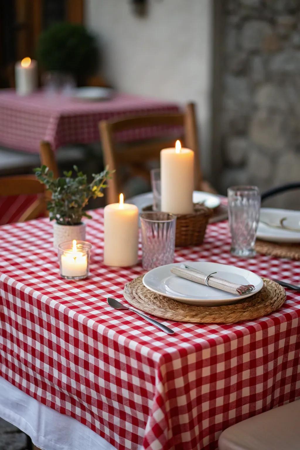 A red gingham tablecloth adds a classic farmhouse vibe.