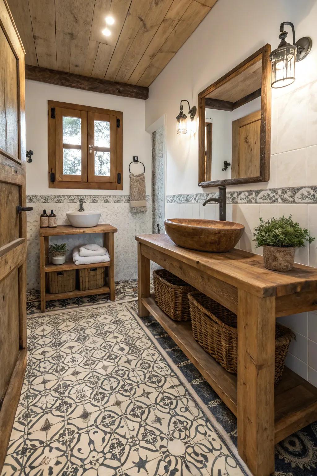 Patterned flooring adds visual interest to a farmhouse bathroom.