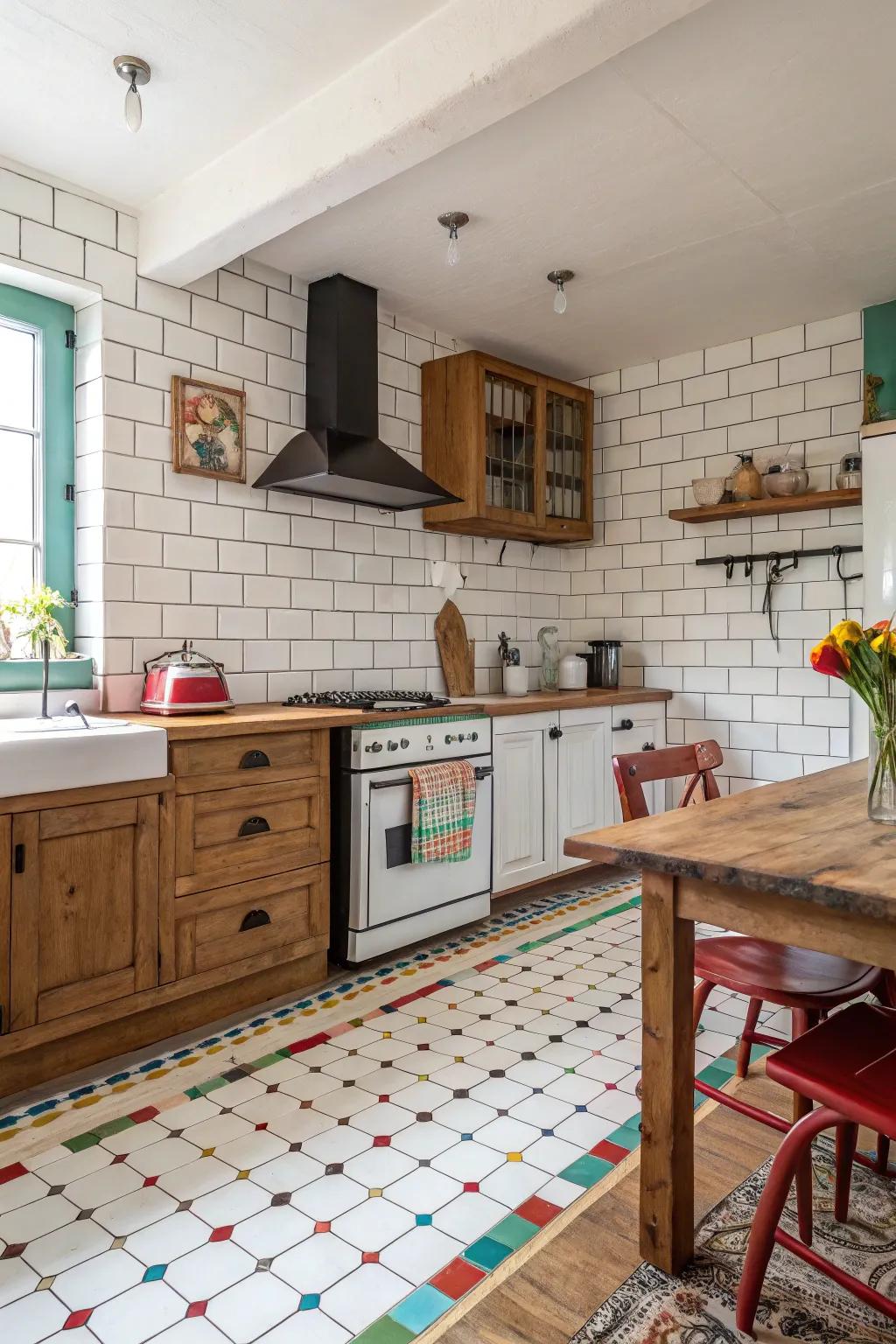 A farmhouse kitchen with subway tiles and colored grout.