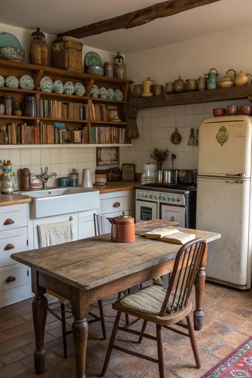 A farmhouse kitchen featuring vintage decorative touches.