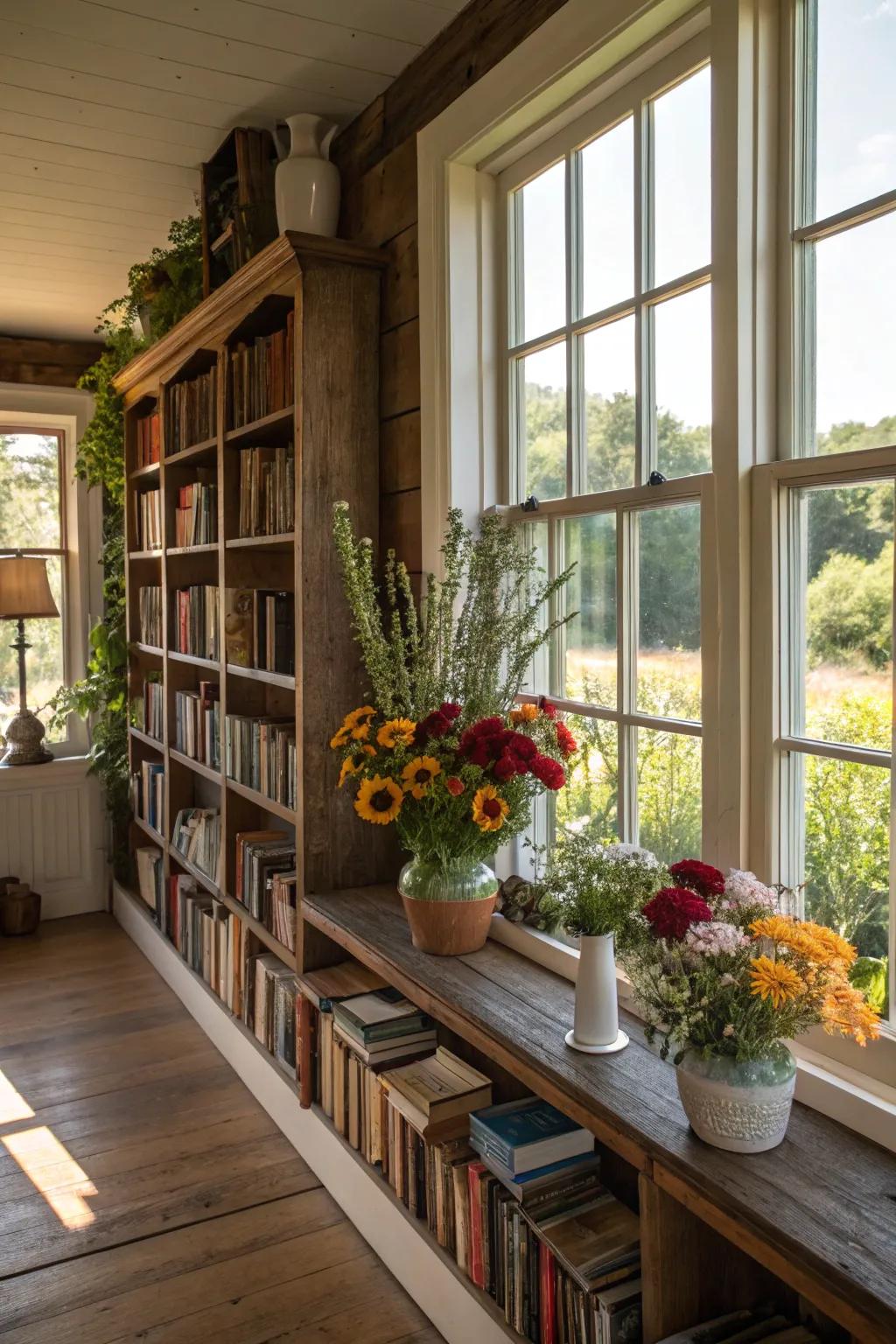 Plants and flowers add life and freshness to the library environment.