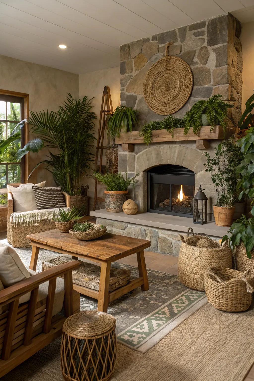 An earthy living room featuring a fireplace with surrounding greenery for a fresh look.