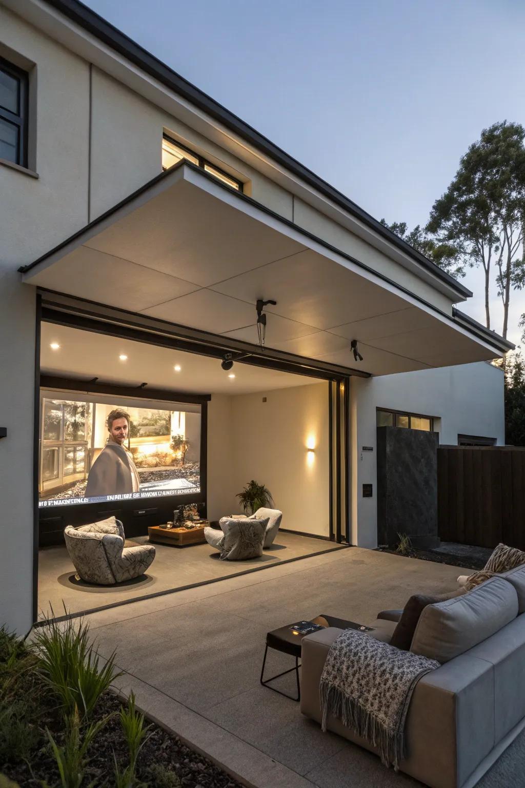 An open-air cinema on a flat roof garage transforms movie nights.