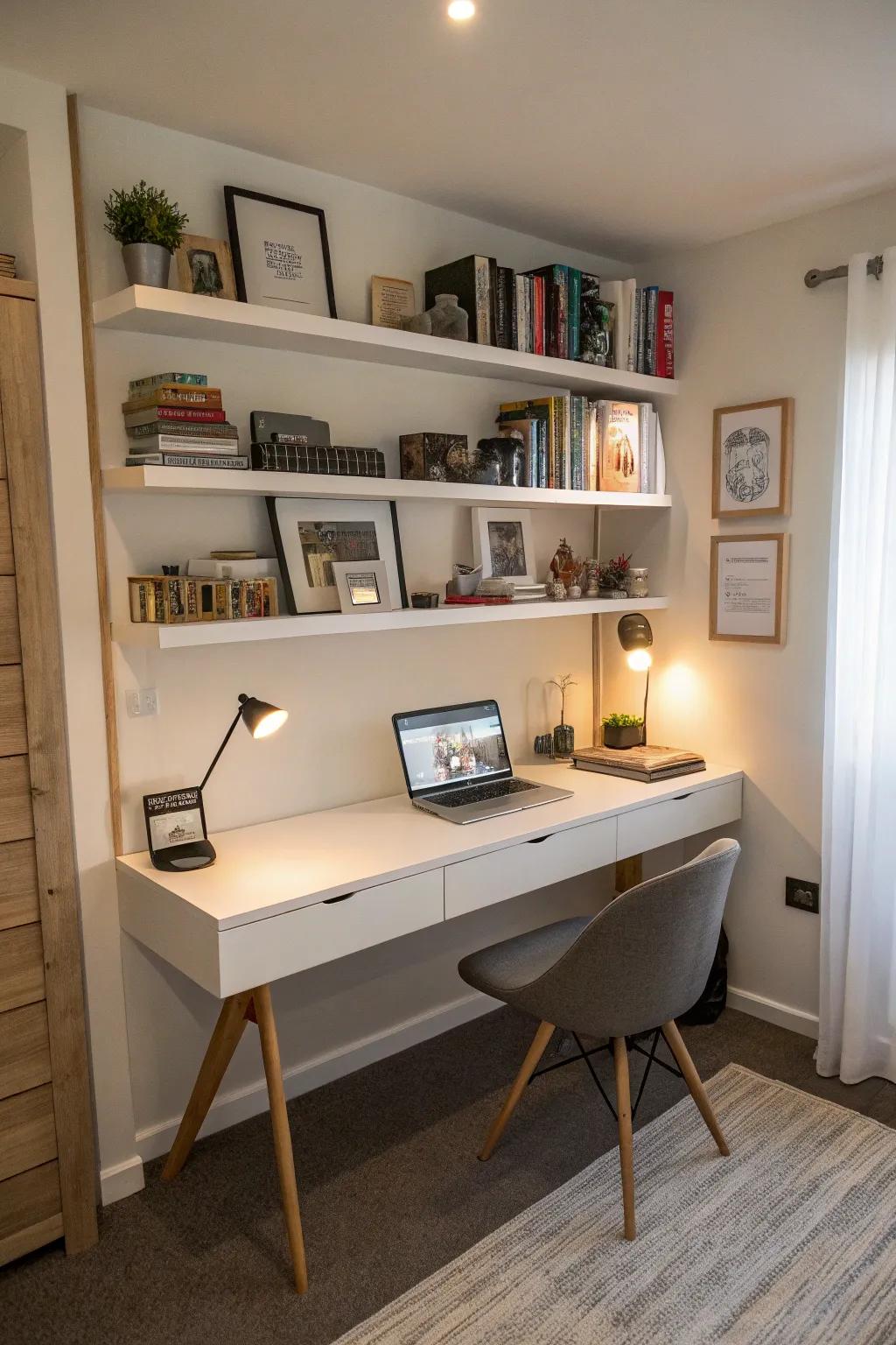 A floating desk combined with shelves creates a seamless workspace.