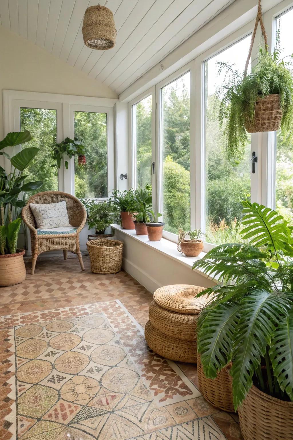 Eco-friendly sunroom with linoleum flooring.