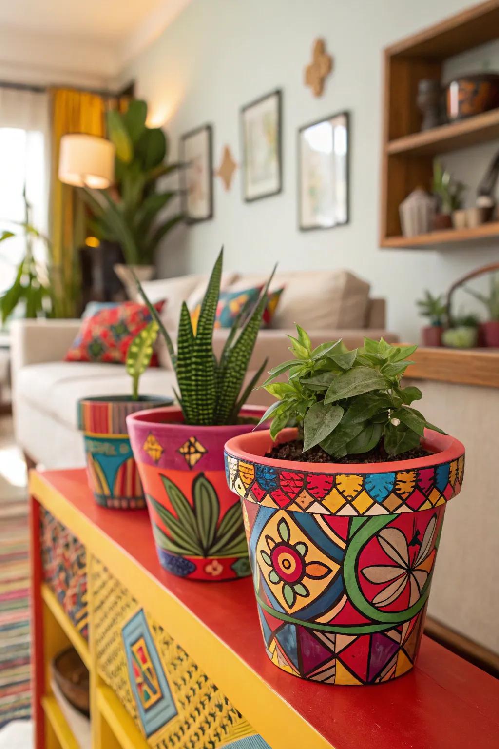 Make a statement with bold, multicolored patterns on your flower pots.