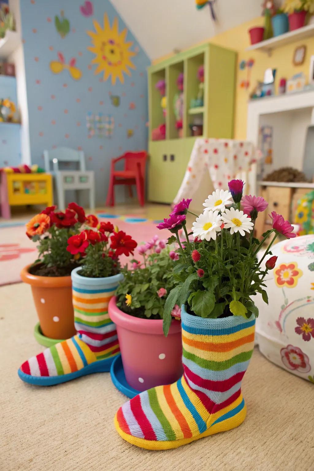 Flower pots dressed in colorful socks for a fun twist.