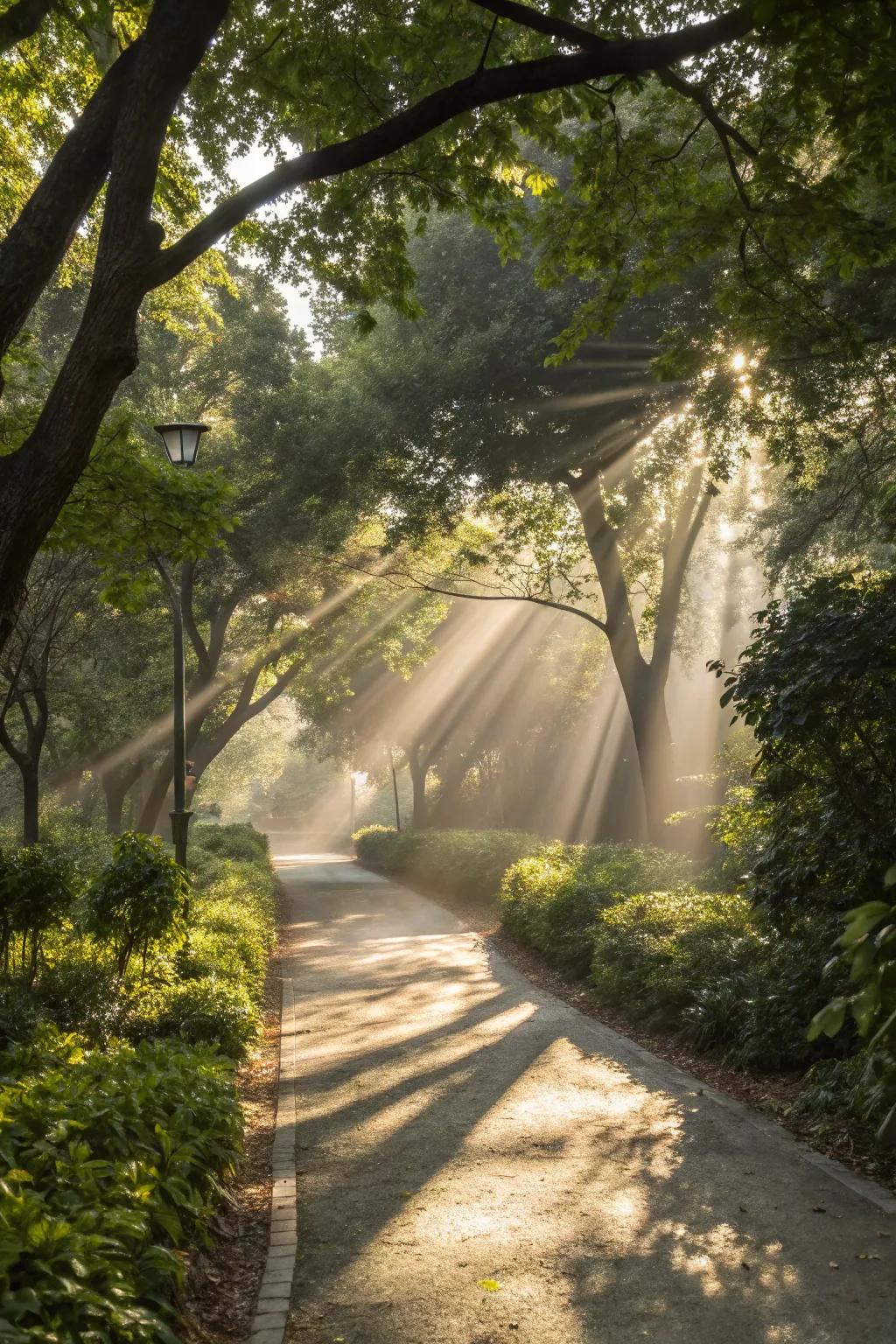 Dappled sunlight creating enchanting garden scenes.