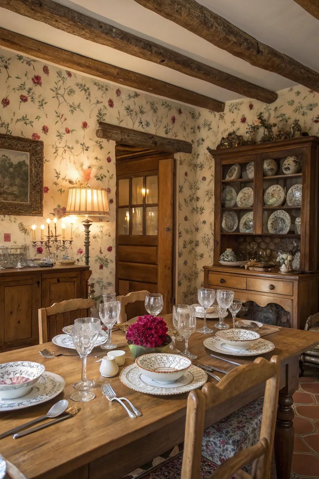 Decorative dishware adds character and style to the dining space.