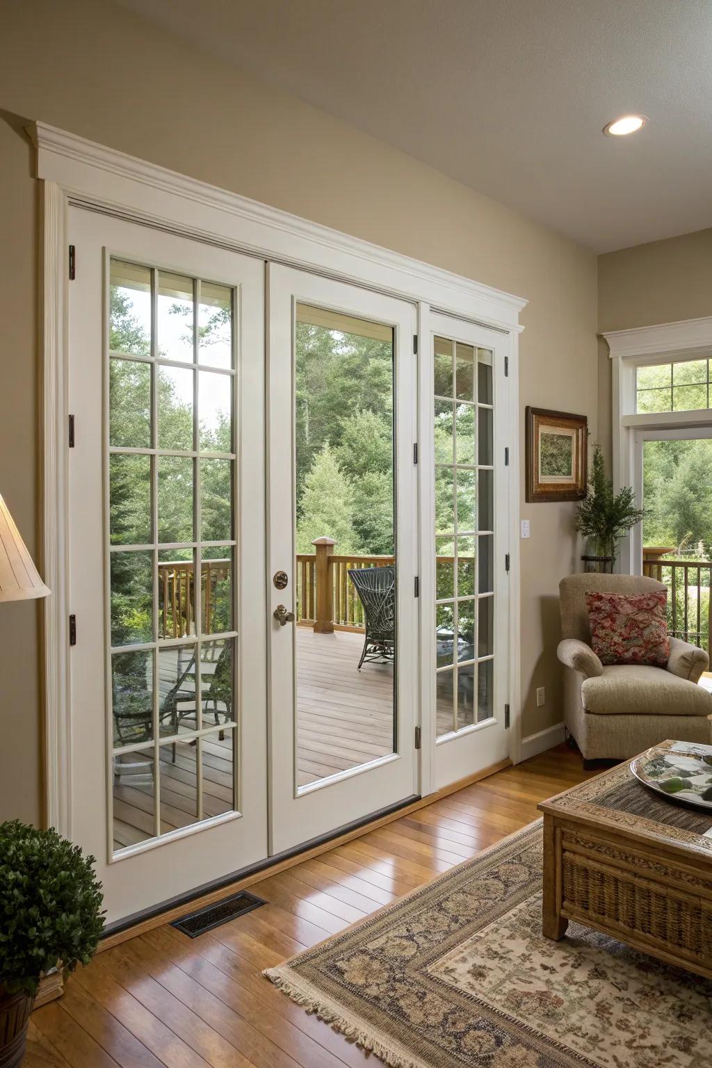 Multiple French doors create a dramatic effect.