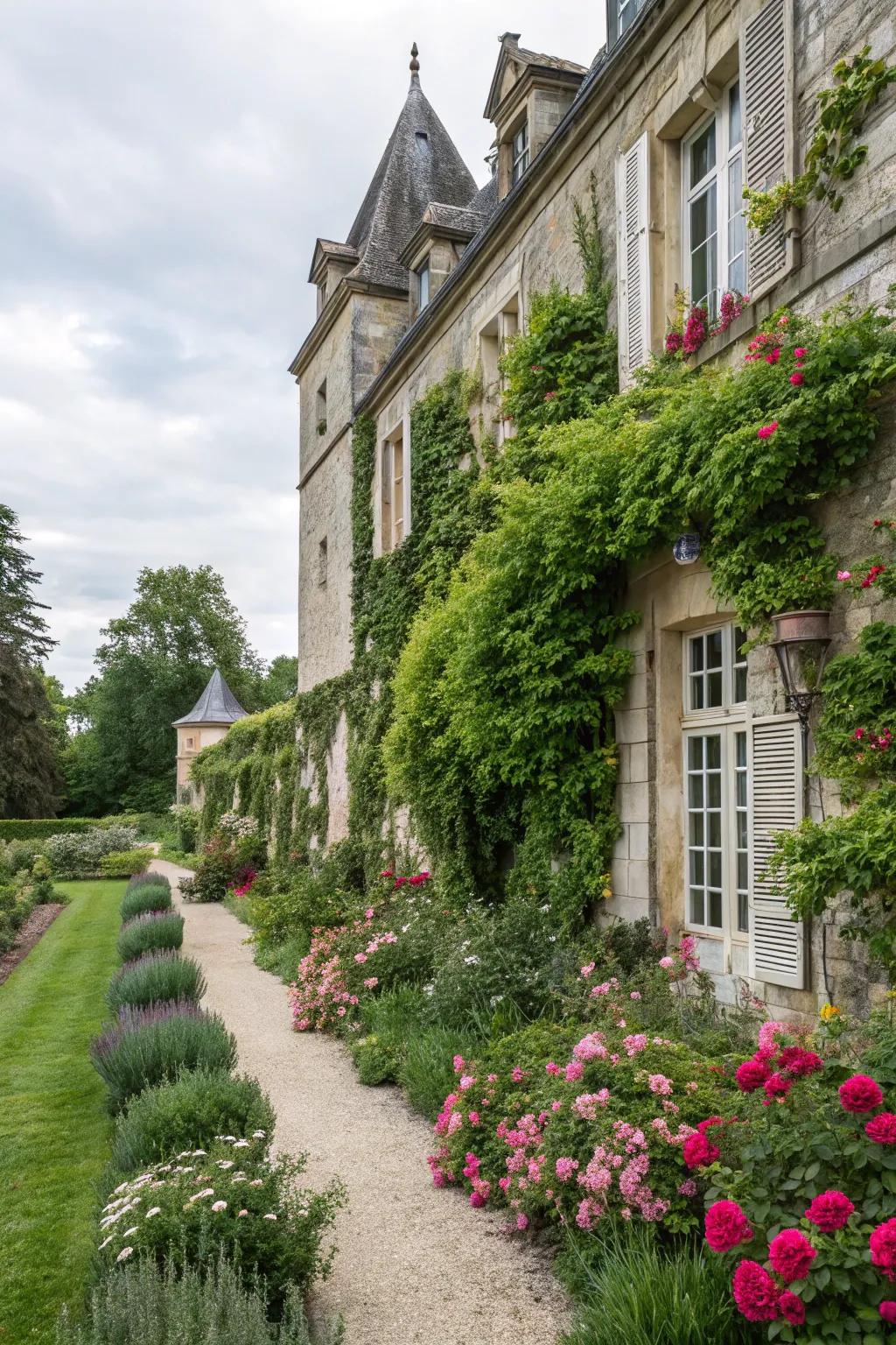 Chateau-style architecture enhancing garden aesthetics.