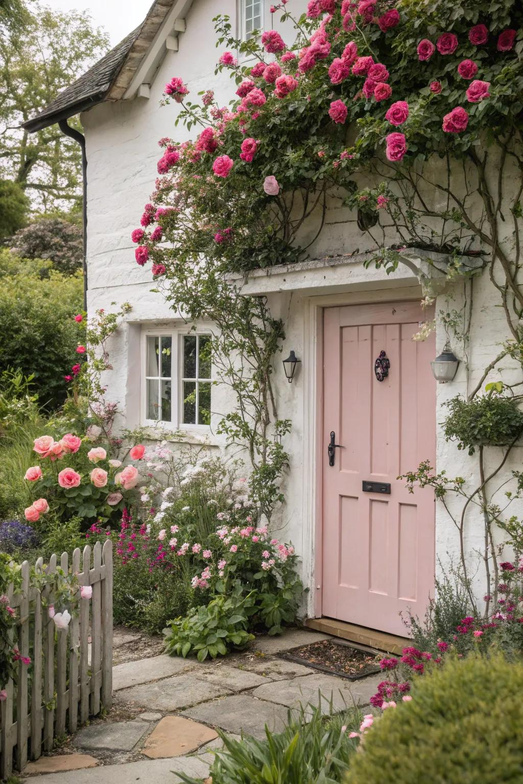 A pink door adds a delightful and playful entrance.