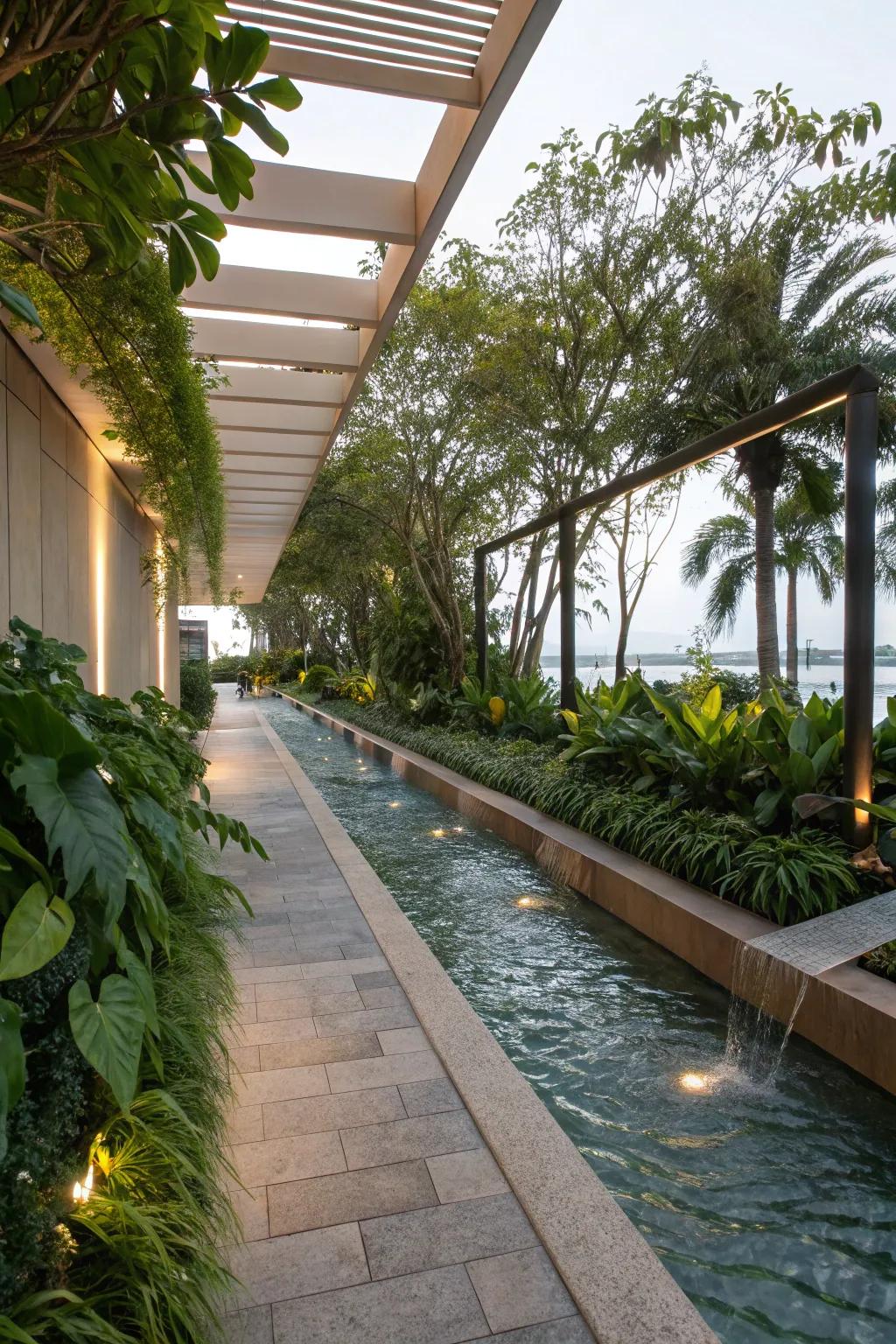 A serene walkway enhanced by a gentle water feature.