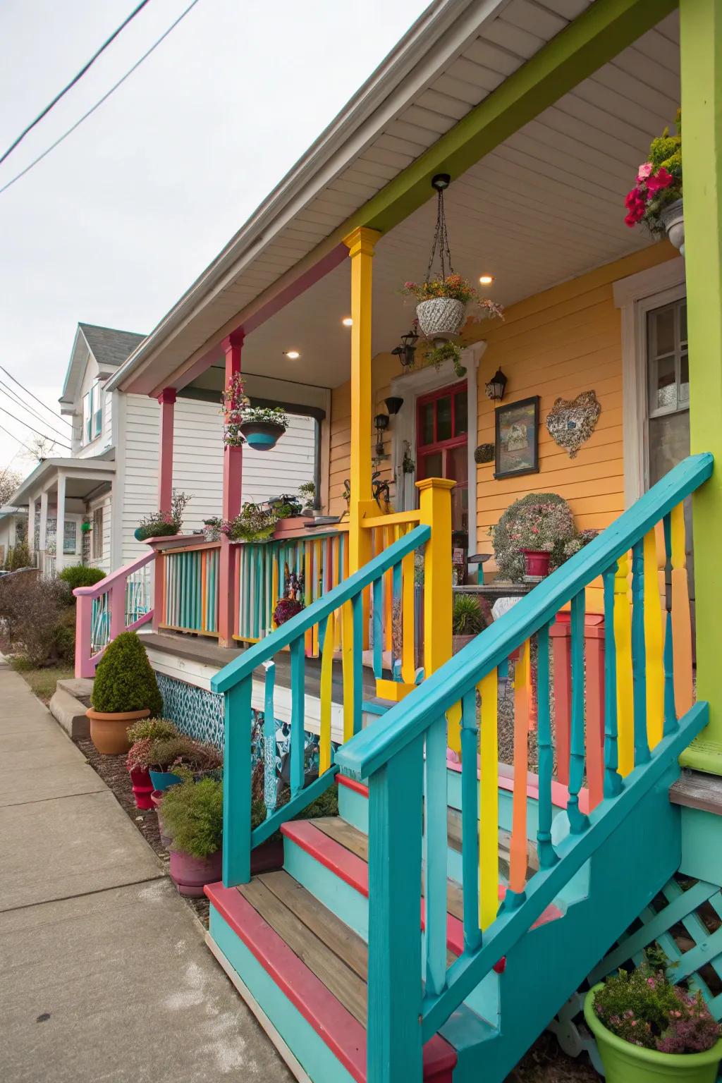 Colorful railings add a playful and inviting touch.