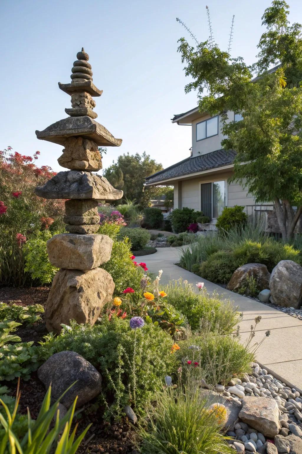 A rock sculpture serving as a focal point in a front yard garden.