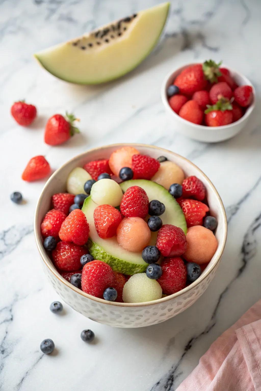 Melon and berry balls offer a pleasing and uniform texture.