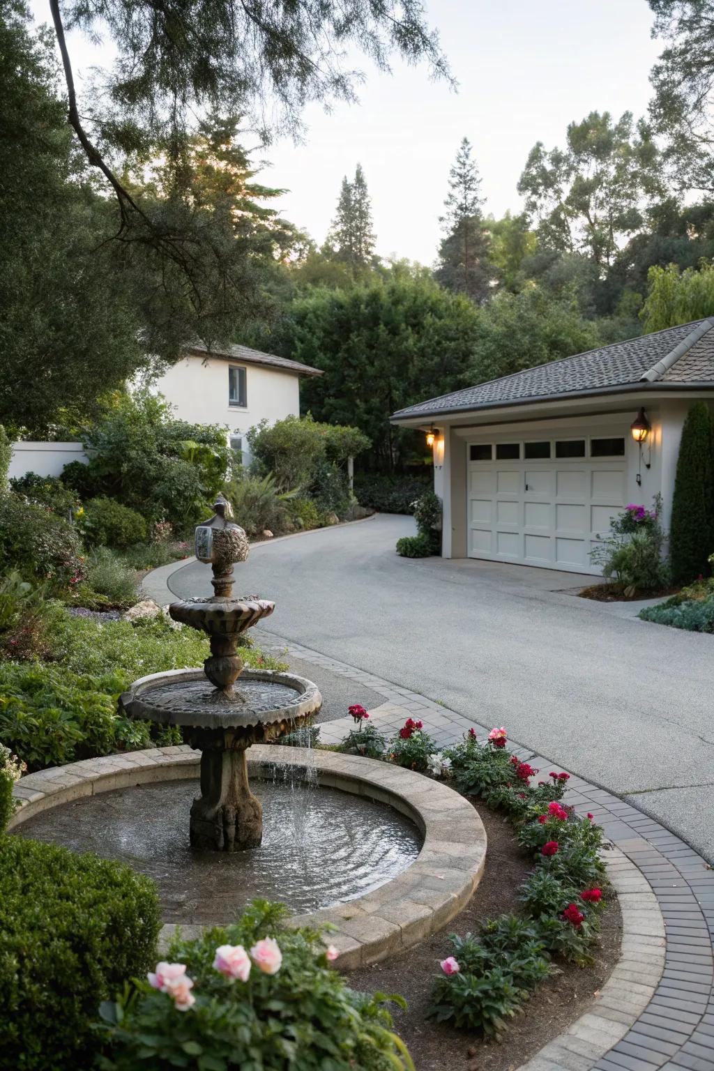 Water features add tranquility and elegance to driveways.