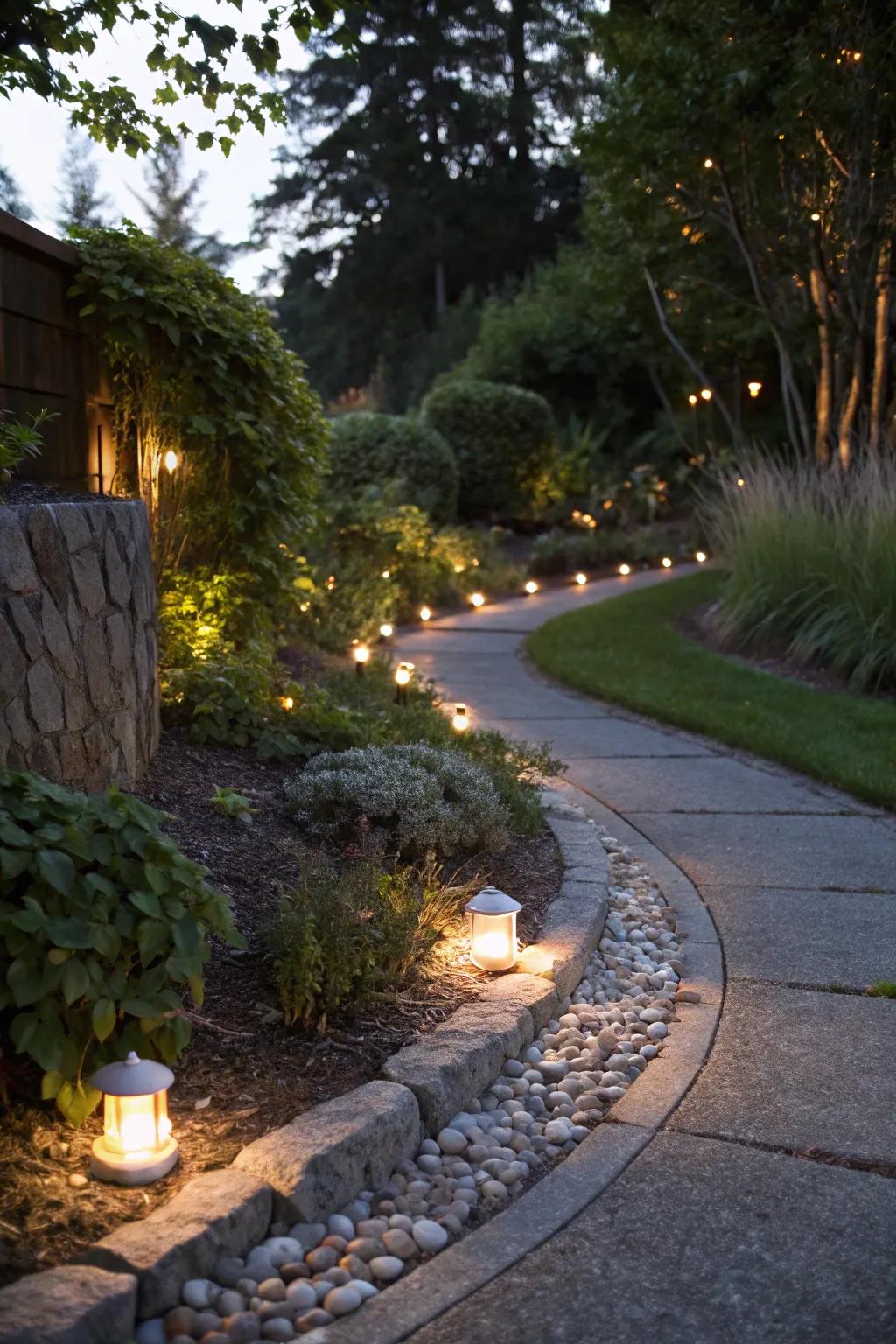 Integrated lighting brings charm and functionality to garden edges.