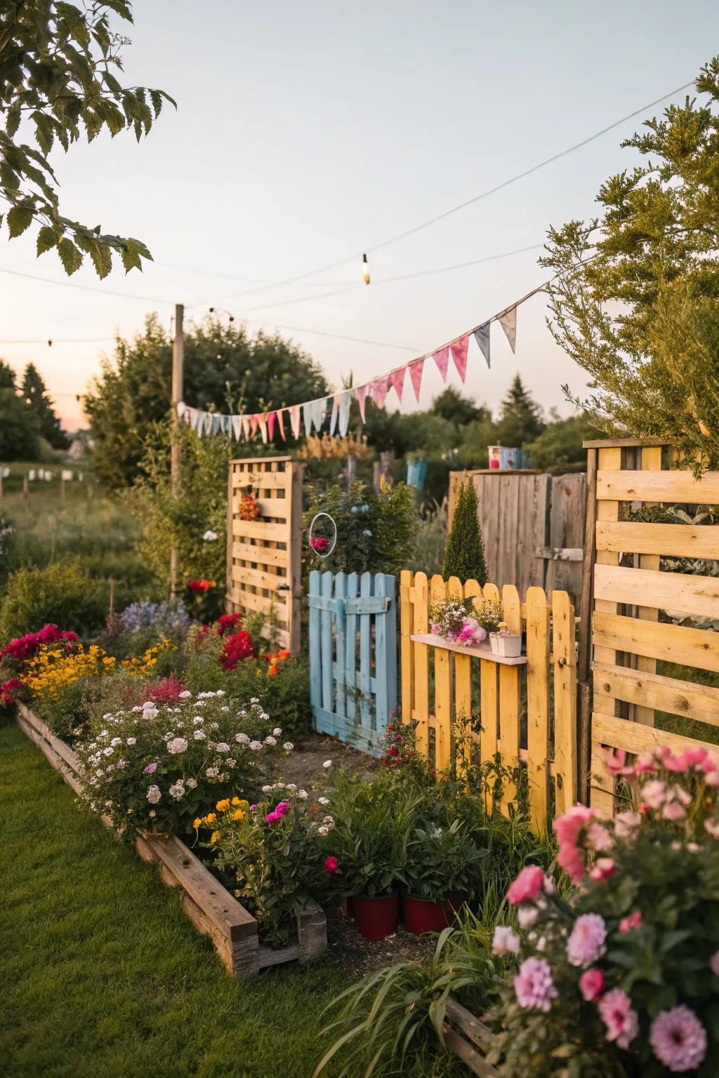 Pallet fences provide a rustic and budget-friendly garden solution.