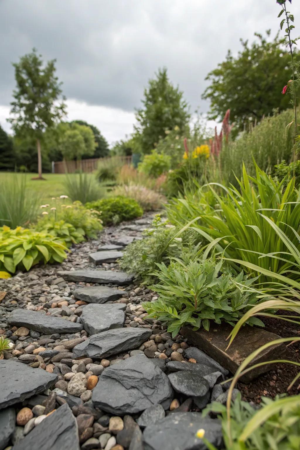 Enhance your garden with a sustainable rain garden using slate chippings.