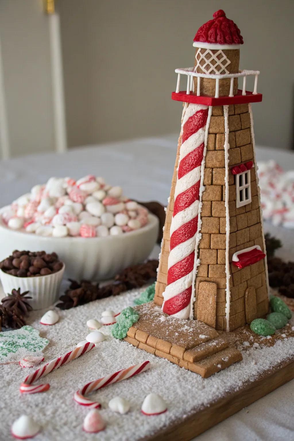 A gingerbread lighthouse standing tall by the sea.