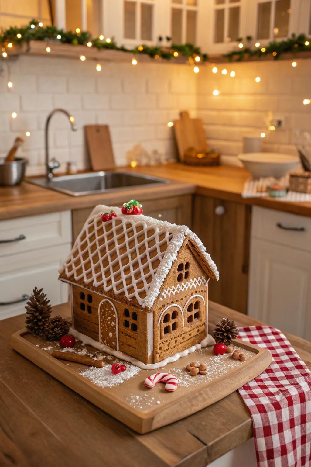 A gingerbread house roof with waffle cookie tiles.