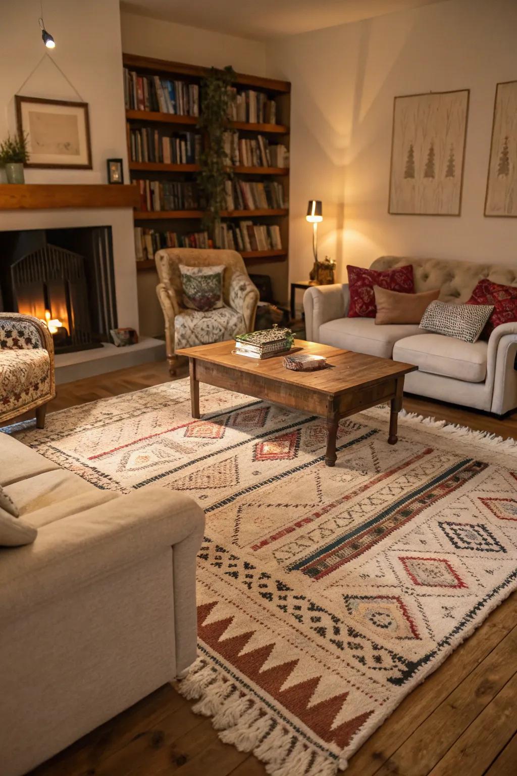 A stylish living room with layered rugs adding depth.