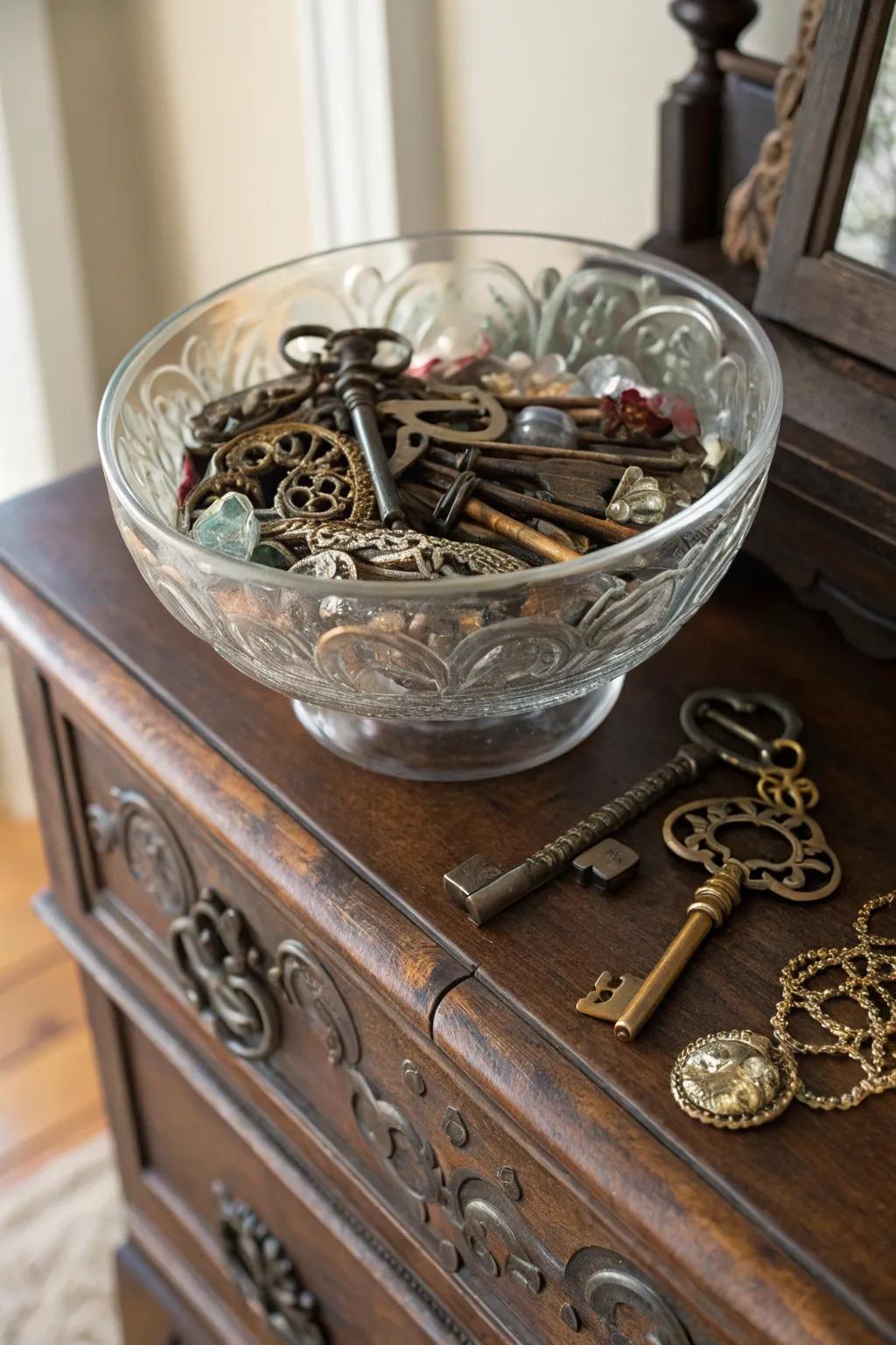 Vintage charm with keys and trinkets in a glass bowl.