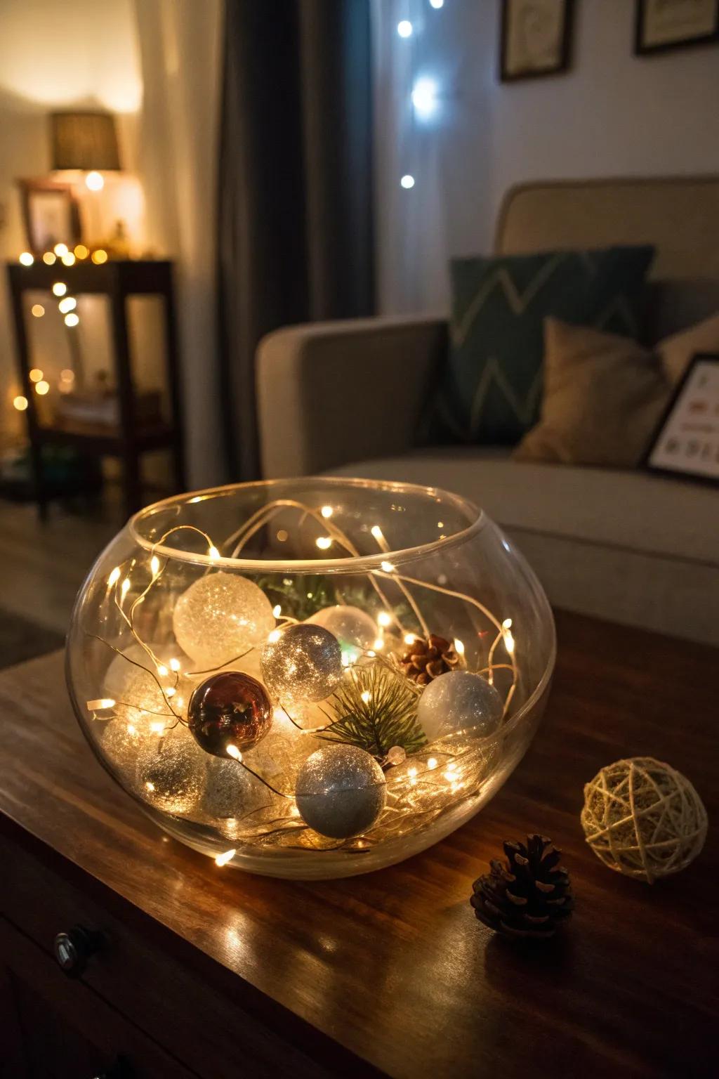 Fairy lights bring a magical sparkle to a glass bowl.